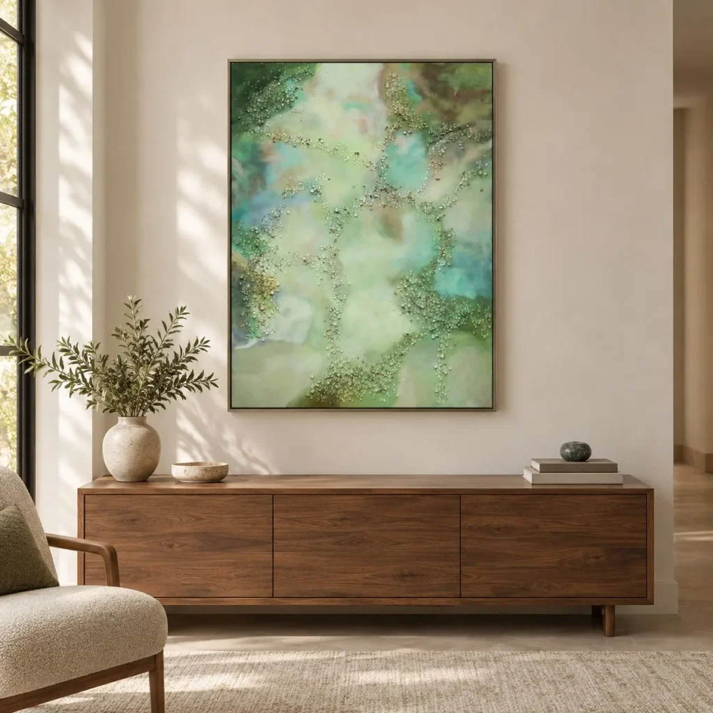 Green Marbled Glass Bead Panel, 85 x 120 cm in olive — front view