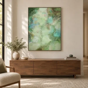 Green Marbled Glass Bead Panel, 85 x 120 cm in olive — front view