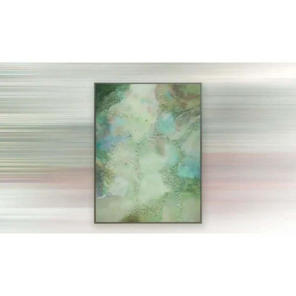 Green Marbled Glass Bead Panel, 85 x 120 cm in olive — in a room setting