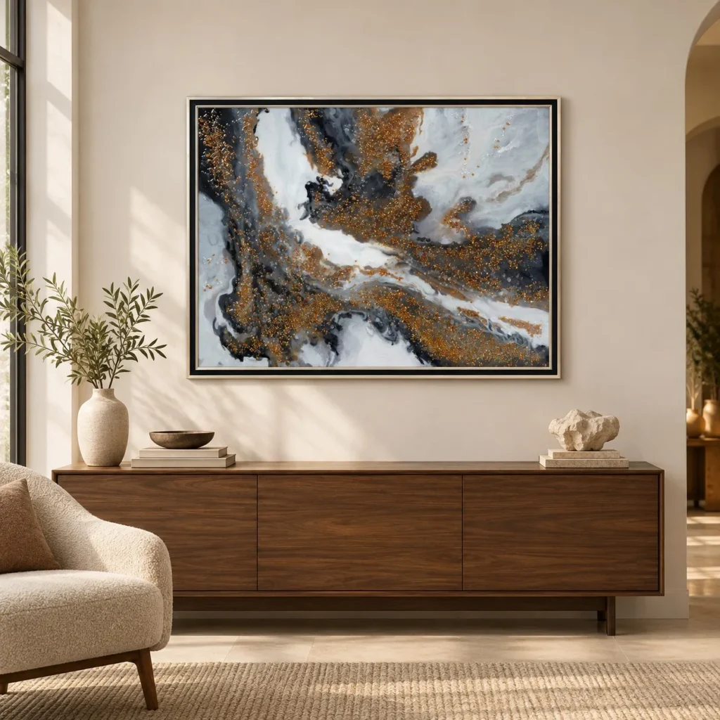 Wide Marbled Geode Painting in Black Frame, 115 x 87 cm — front view