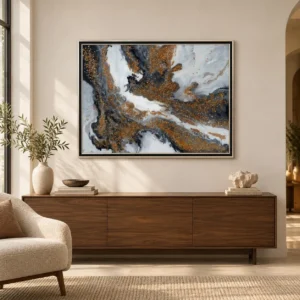 Wide Marbled Geode Painting in Black Frame, 115 x 87 cm — front view