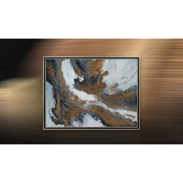 Wide Marbled Geode Painting in Black Frame, 115 x 87 cm — in a room setting