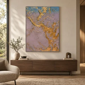 Gold Leaf Tree on Lilac Textured Painting, 90 x 130 cm in brushed brass — front view