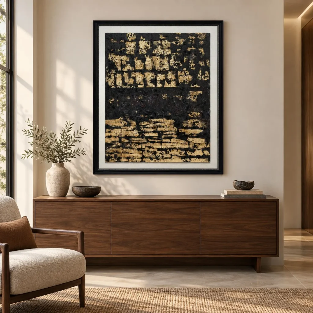 Gold Leaf on Black Textured Painting in Black Frame, 110 x — front view