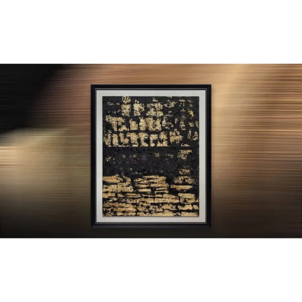 Gold Leaf on Black Textured Painting in Black Frame, 110 x — in a room setting