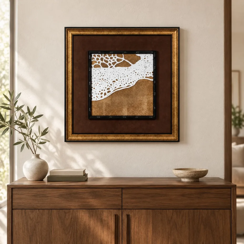 Rust Coastline Relief in Gold and Brown Frame, 65 x 65 cm — front view