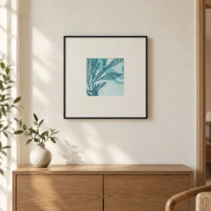 Small Teal Leaf Print in Black Frame, 45 x 45 cm — front view