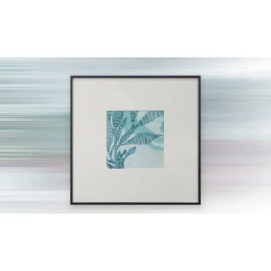 Small Teal Leaf Print in Black Frame, 45 x 45 cm — in a room setting