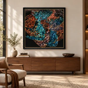 Teal and Rust Mosaic Abstract in Black Frame, 120 x 120 cm — front view