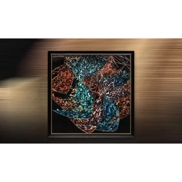 Teal and Rust Mosaic Abstract in Black Frame, 120 x 120 cm — in a room setting