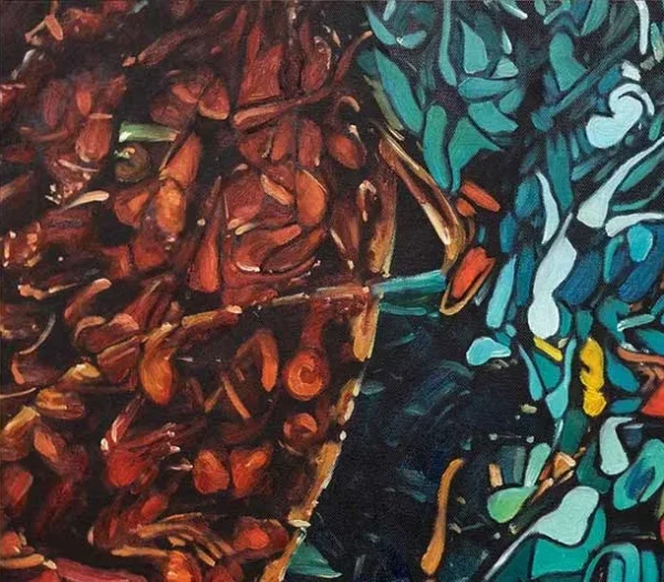 Teal and Rust Mosaic Abstract in Black Frame, 120 x 120 cm — detail