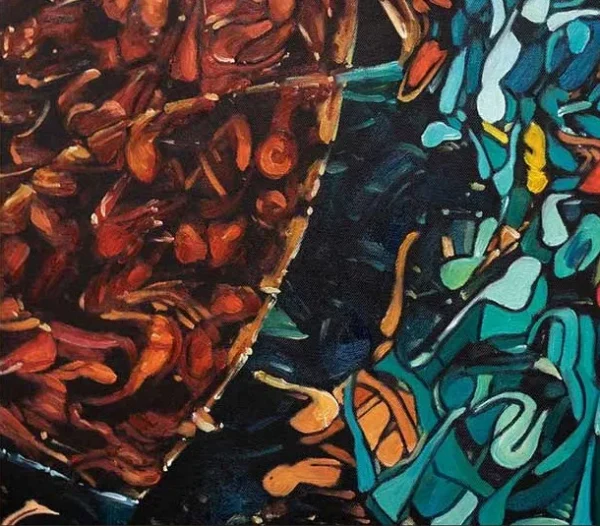 Teal and Rust Mosaic Abstract in Black Frame, 120 x 120 cm — detail