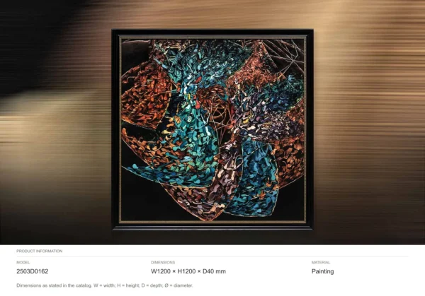 Teal and Rust Mosaic Abstract in Black Frame, 120 x 120 cm — dimensions