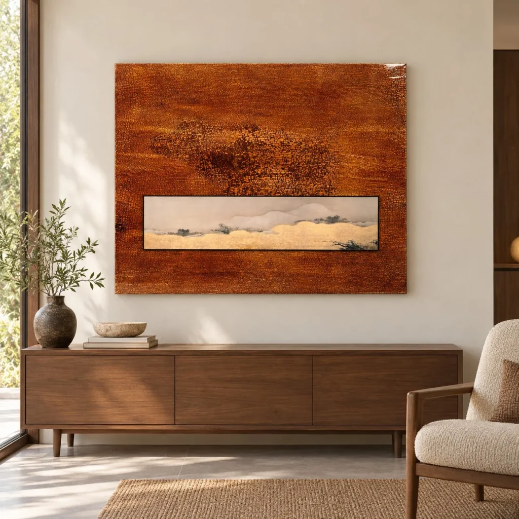 Rust Panel with Inset Cloud Landscape, 130 x 105 cm in rust — front view