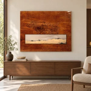 Rust Panel with Inset Cloud Landscape, 130 x 105 cm in rust — front view