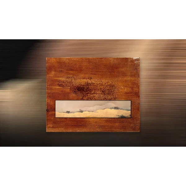 Rust Panel with Inset Cloud Landscape, 130 x 105 cm in rust — in a room setting