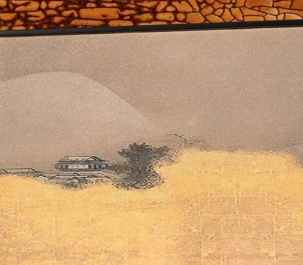 Rust Panel with Inset Cloud Landscape, 130 x 105 cm in rust — detail