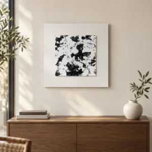 Black and White Ink Splash in White Frame, 40 x 40 cm — front view