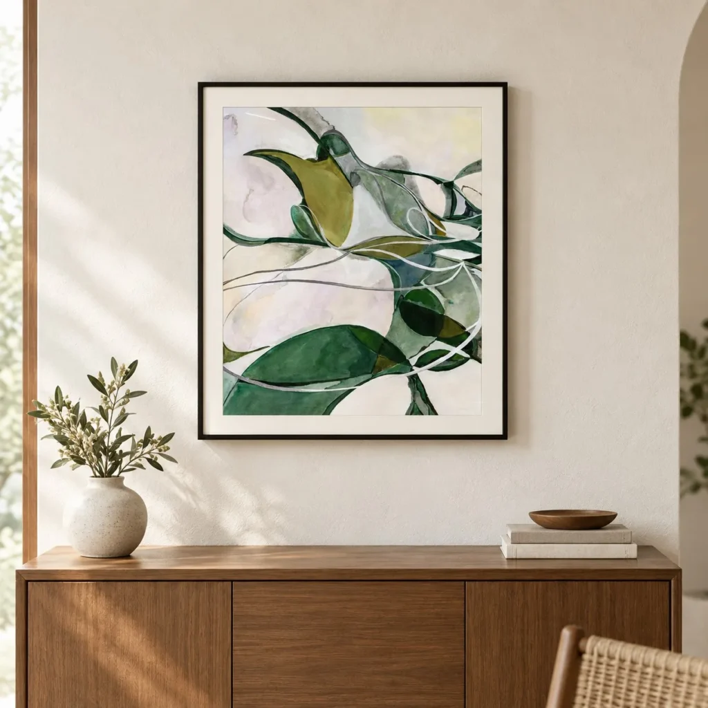 Green Leaf Line Abstract in Black Frame, 60 x 70 cm — front view