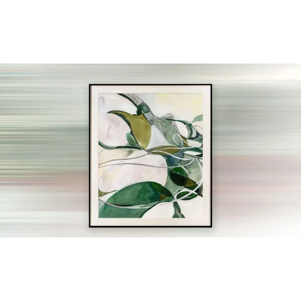 Green Leaf Line Abstract in Black Frame, 60 x 70 cm — in a room setting