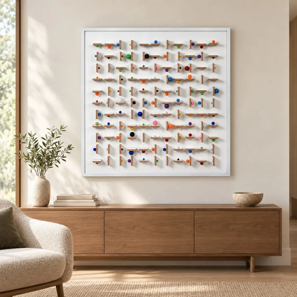Wooden Peg and Bead Grid Relief in White Frame, 90 x 90 cm — front view