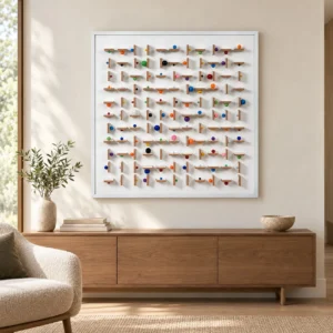 Wooden Peg and Bead Grid Relief in White Frame, 90 x 90 cm — front view