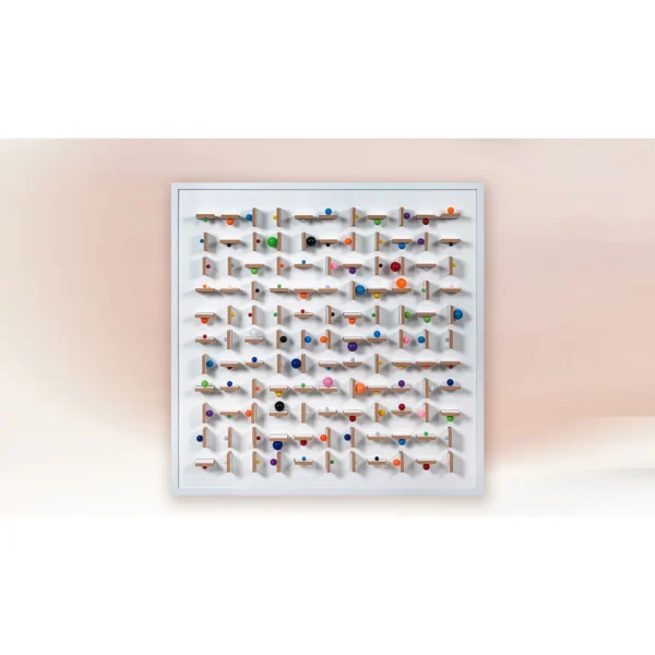 Wooden Peg and Bead Grid Relief in White Frame, 90 x 90 cm — in a room setting