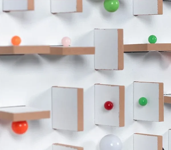 Wooden Peg and Bead Grid Relief in White Frame, 90 x 90 cm — detail