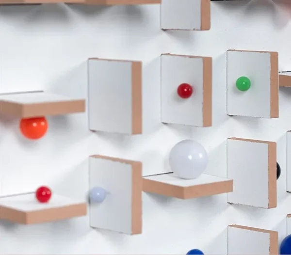Wooden Peg and Bead Grid Relief in White Frame, 90 x 90 cm — detail