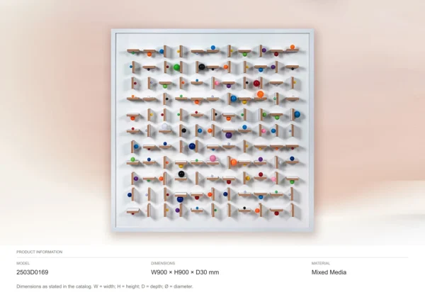 Wooden Peg and Bead Grid Relief in White Frame, 90 x 90 cm — dimensions