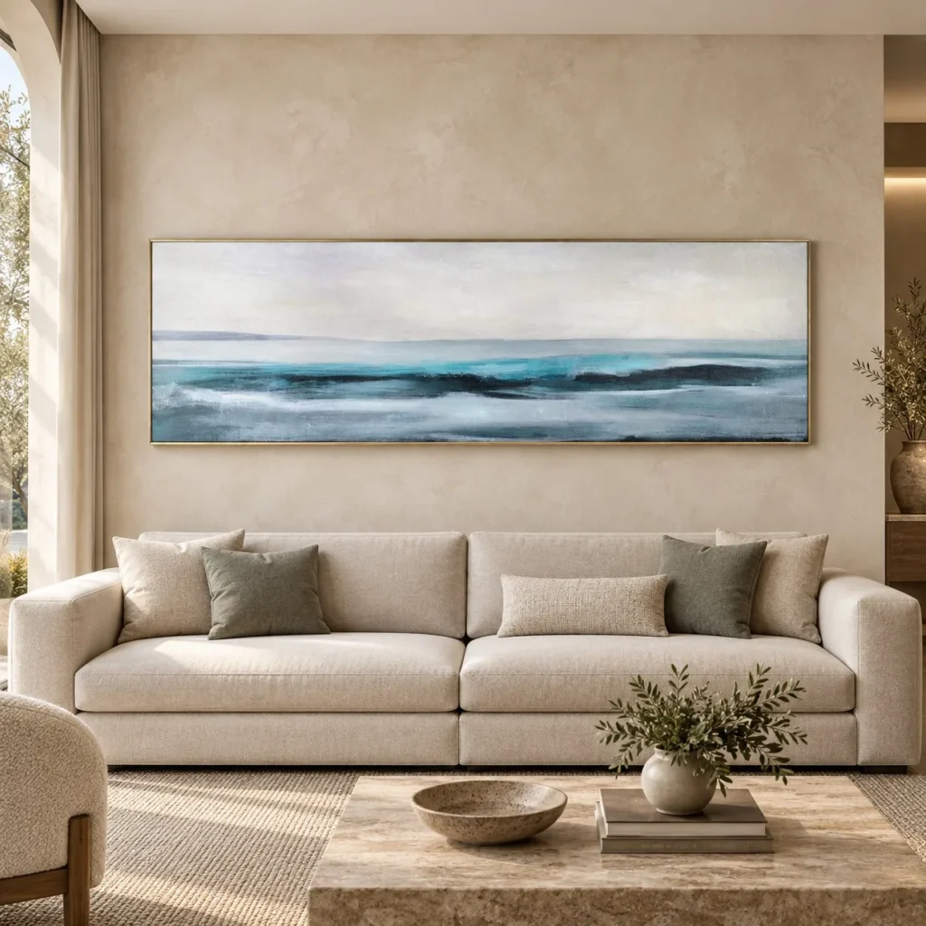 Panoramic Sea Horizon Painting in Slim Frame, 145 x 45 cm — front view