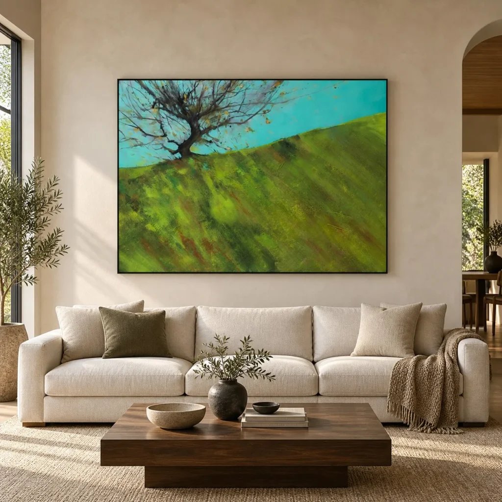 Lone Tree on Green Hill Painting, 150 x 110 cm in olive — front view