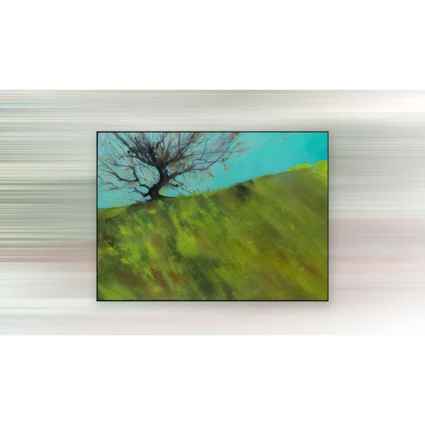 Lone Tree on Green Hill Painting, 150 x 110 cm in olive — in a room setting