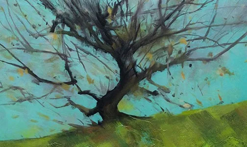 Lone Tree on Green Hill Painting, 150 x 110 cm in olive — detail