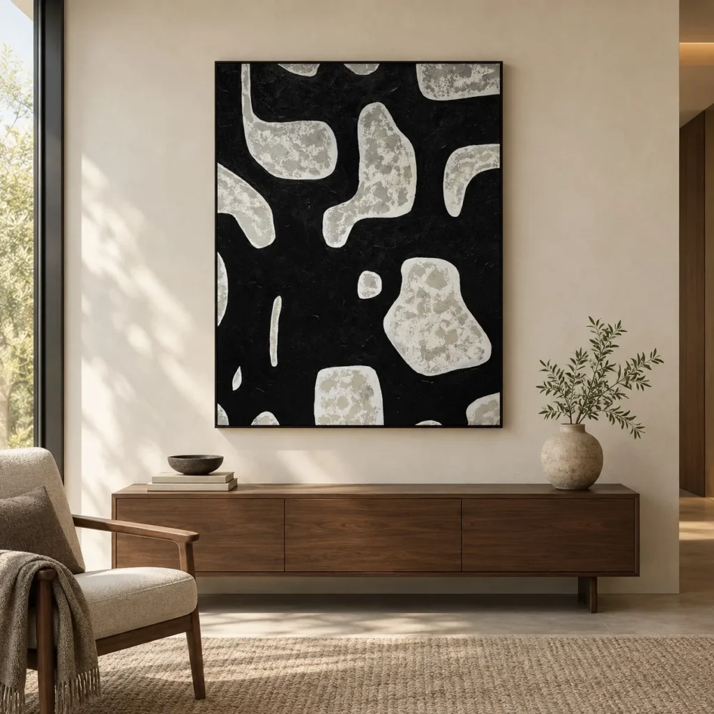 Black and Silver Cow Print Textured Painting, 120 x 150 cm in black — front view