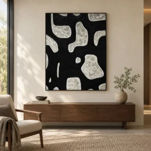 Black and Silver Cow Print Textured Painting, 120 x 150 cm in black — front view