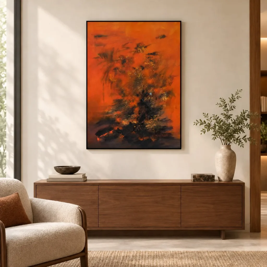 Orange Blaze Abstract Painting in Black Frame, 80 x 109 cm — front view