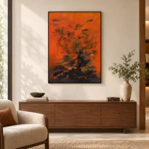 Orange Blaze Abstract Painting in Black Frame, 80 x 109 cm — front view
