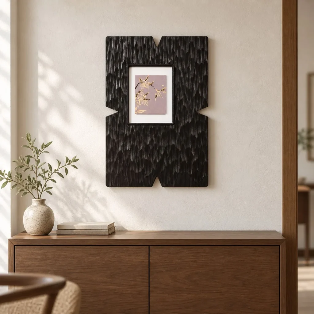 Carved Black Frame with Small Bird Print, 40 x 60 cm in black — front view