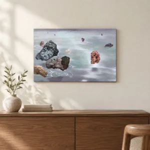 Small Rocks in Misty Water Painting, 43 x 28 cm — front view