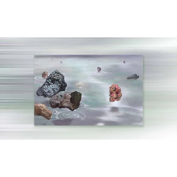Small Rocks in Misty Water Painting, 43 x 28 cm — in a room setting