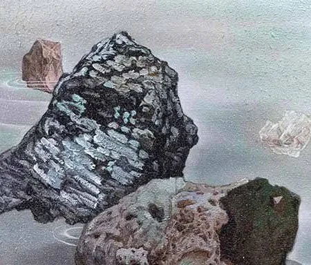 Small Rocks in Misty Water Painting, 43 x 28 cm — detail