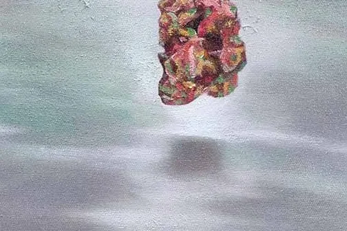 Small Rocks in Misty Water Painting, 43 x 28 cm — detail