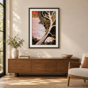White Tree Over Pink Water Painting in rose stone — front view