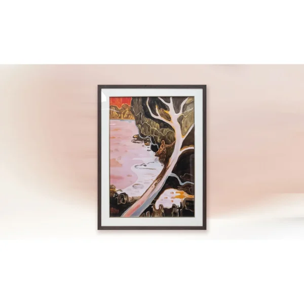 White Tree Over Pink Water Painting in rose stone — in a room setting