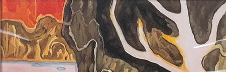 White Tree Over Pink Water Painting in rose stone — detail