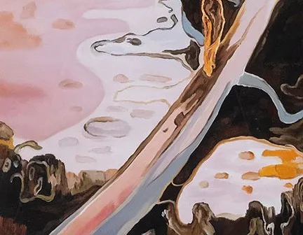White Tree Over Pink Water Painting in rose stone — detail