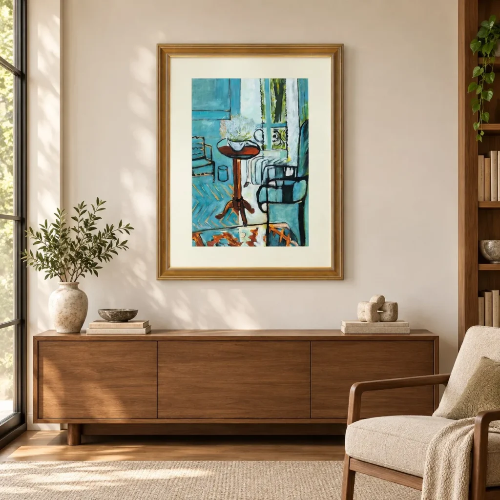 Blue Interior Scene Painting in Gold Frame, 70 x 90 cm — front view