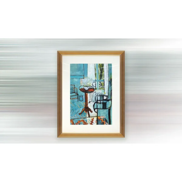 Blue Interior Scene Painting in Gold Frame, 70 x 90 cm — in a room setting