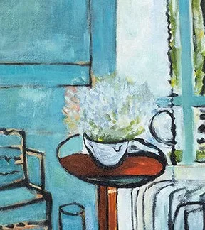 Blue Interior Scene Painting in Gold Frame, 70 x 90 cm — detail